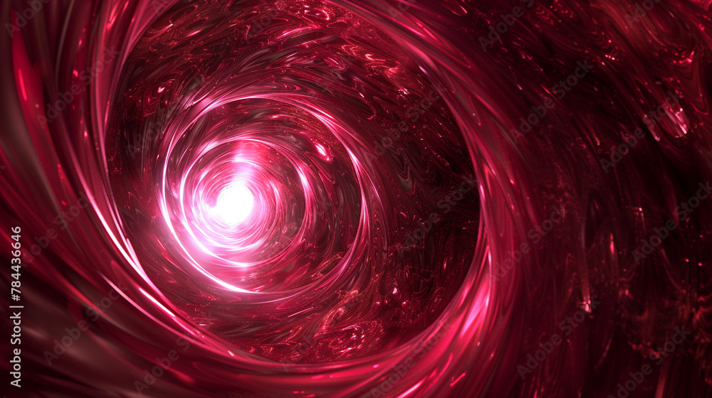 Swirling 3D raspberry vortex converges on a glowing axis, amid dark burgundy.
