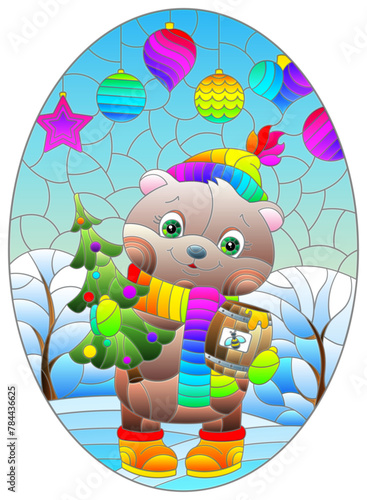 An illustration in the style of a stained glass window with a cartoon bear on the background of a winter landscape