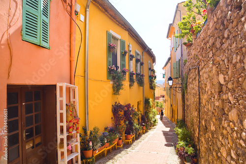 Vintage houses with flowers in downtown in Menton, France