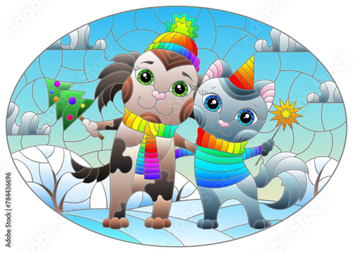 An illustration in the style of a stained glass window with a cartoon cat and dog on the background of a winter landscape