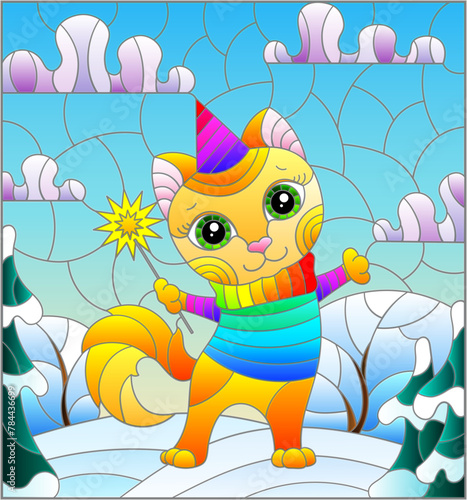 An illustration in the style of a stained glass window with a cute cartoon cat on the background of a winter landscape