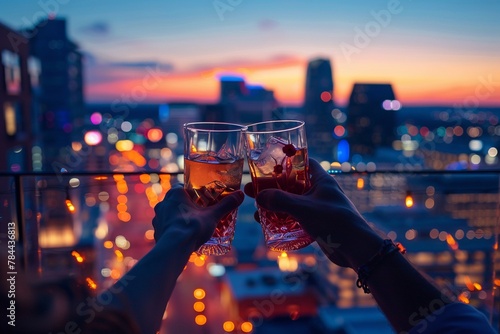 Rooftop toast at sunset, city skyline, clinking glasses, vibrant 2D art. photo