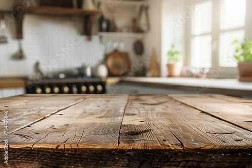 Rustic wood table top, gentle blur of a traditional kitchen setting behind.