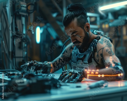 A cyberpunk hacker wearing a black leather jacket and a mohawk is working on a computer in a dark room.
