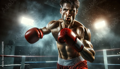 boxer in a dynamic fighting stance, with focused eyes and gritted teeth, throwing a powerful punch towards © Henry