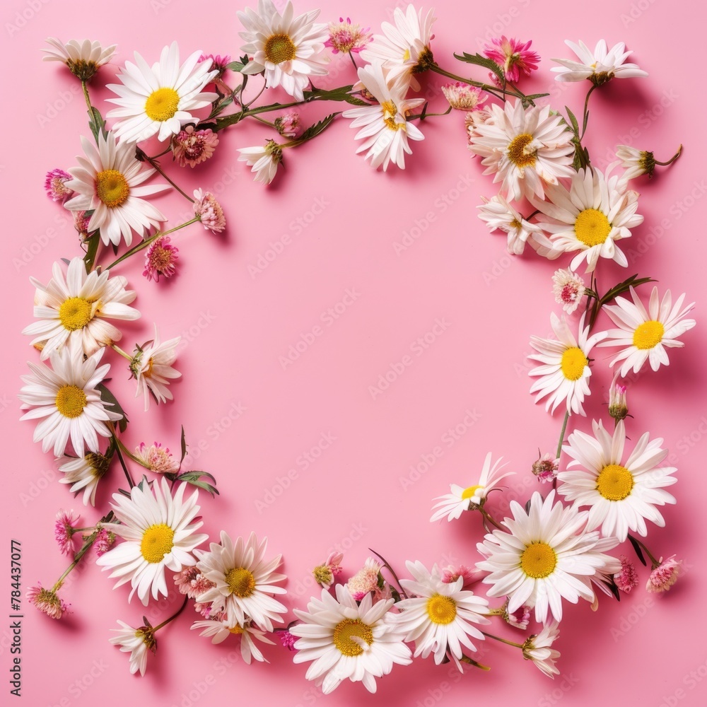 Circle of white daisies on a pink background, floral pattern design Circle of white daisies on a pink background, floral pattern design