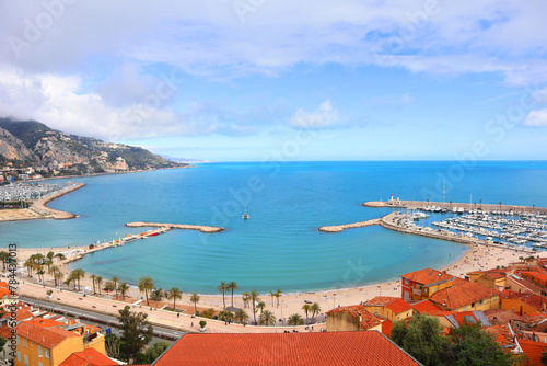 Panorama of city and Palmes Beach in Menton, France