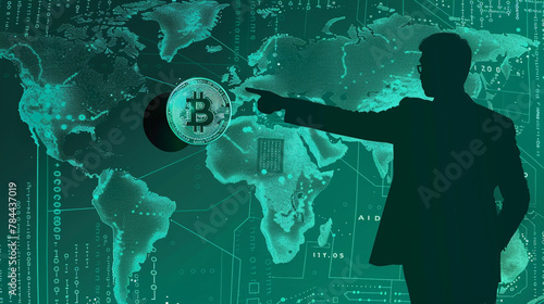 Teal businessman profile gestures to Bitcoin on a sea-green digital earth, symbolizing the global flow of digital currency. photo