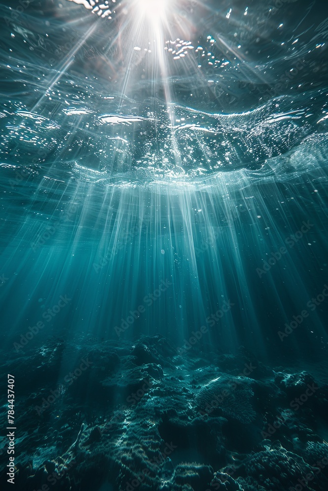 Fototapeta premium Dark blue ocean surface. view from under water. rays of sun break through the thick water. generative ai