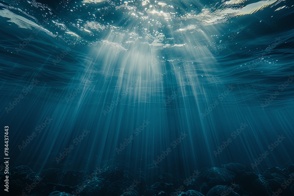 Fototapeta premium Dark blue ocean surface. view from under water. rays of sun break through the thick water. generative ai