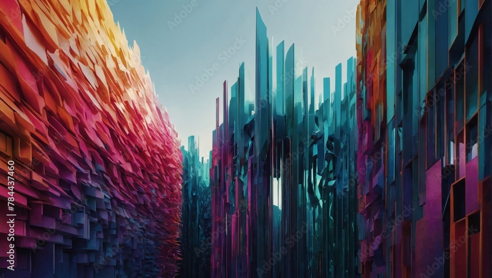 A digital artwork featuring architectural forms adorned with vibrant color gradients, blending seamlessly to evoke a sense of fluidity and energy. - obrazy, fototapety, plakaty 