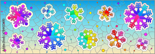 An illustration in the style of a stained glass window with bright snowflakes on a blue night sky background