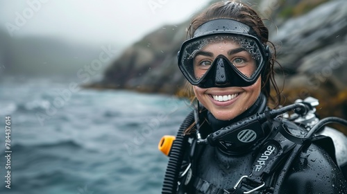 Portrait of a woman in scuba diving gear and rubber wetsuit posing in front of sea and mountain backdrop with a big space for text or product, Generative AI. © Electric Wolf