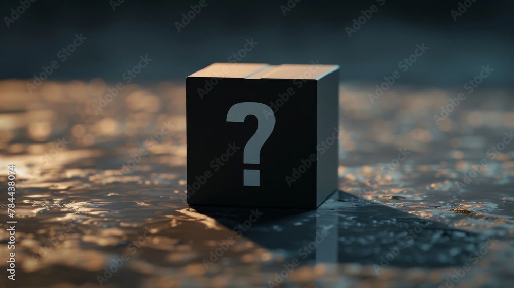 Mysterious black cube with a prominent white question mark placed on a wet reflective surface under dim lighting, creating an atmosphere of intrigue and curiosity - obrazy, fototapety, plakaty 