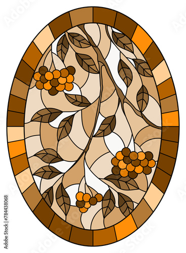 An illustration in stained glass style with a branch of mountain ash, clusters of berries and leaves in a frame 