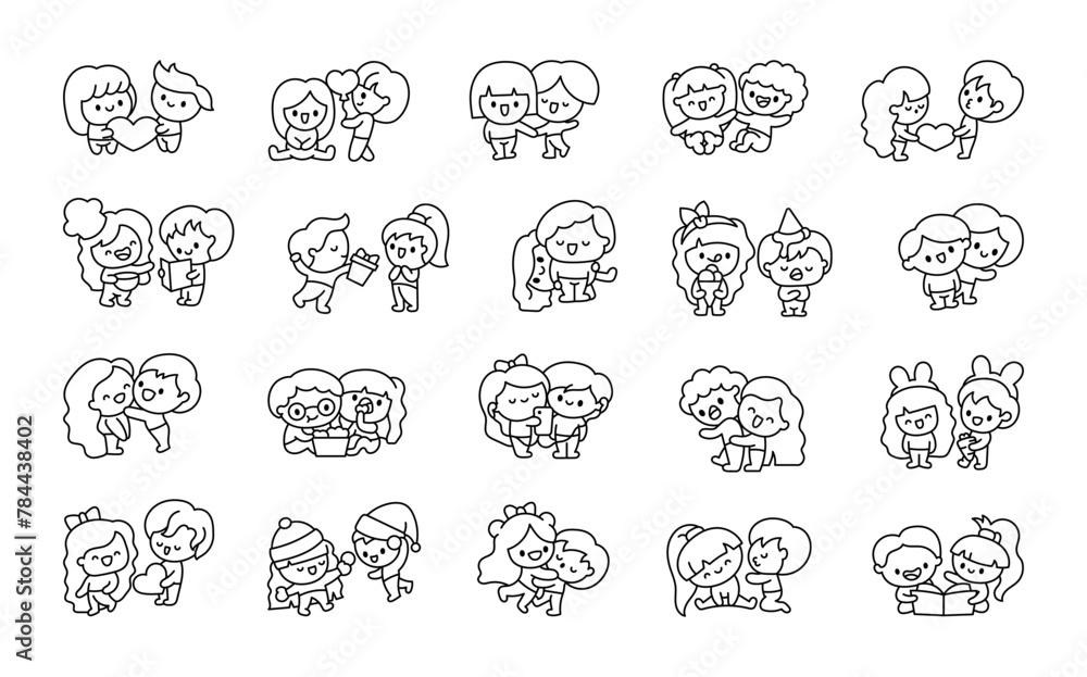 Cute couple of chibi characters in love. Coloring Page. Happy Valentines Day. Hand drawn style. Vector drawing. Collection of design elements.