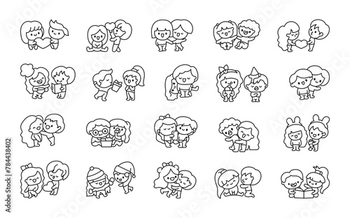Cute couple of chibi characters in love. Coloring Page. Happy Valentines Day. Hand drawn style. Vector drawing. Collection of design elements.