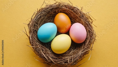 Happy Easter day decoration colorful eggs in nest on paper background