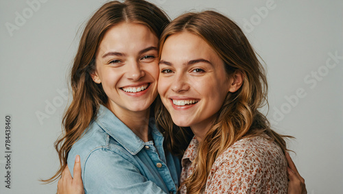 two happy smiling young women are hugging each other on a clean background