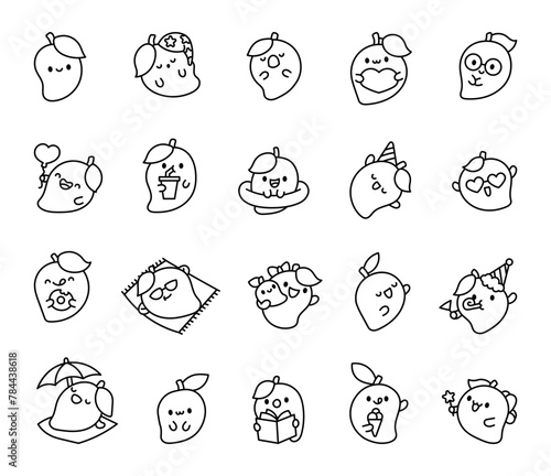 Cute kawaii mango with funny face. Coloring Page. Cartoon fruit character. Hand drawn style. Vector drawing. Collection of design elements.