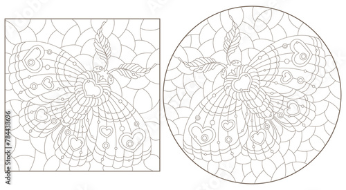 et of contour illustrations in the style of stained glass with a cute moths, dark outlines on a white background