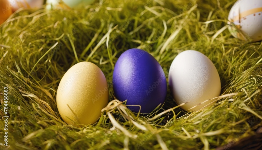 Happy Easter day decoration colorful eggs in nest on paper background