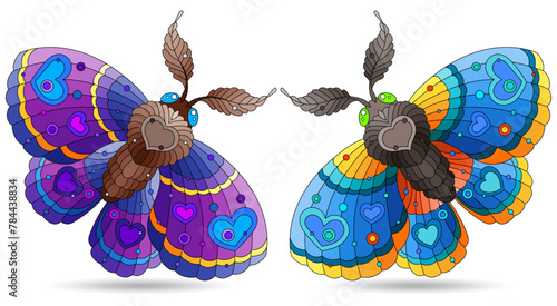 et of stained glass illustrations with bright moths, animals isolated on a white background