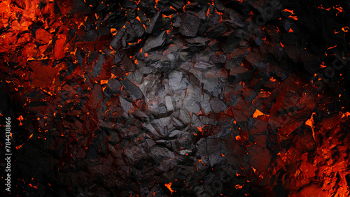 Coal background with red lava gaps between the stones. Mainers underground with atmospheric light. Red lava cracks and rocks.