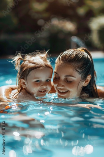 A woman and a child enjoying a swim in a pool. Ideal for family vacation concepts