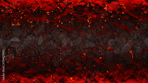 Coal background with red lava gaps between the stones. Mainers underground with atmospheric red light. Red lava cracks and rocks.
