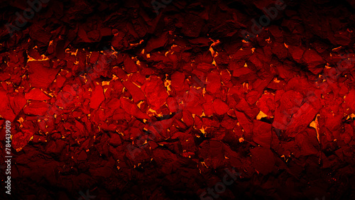 Coal background with red lava gaps between the stones. Mainers underground with atmospheric red light. Red lava cracks and rocks.