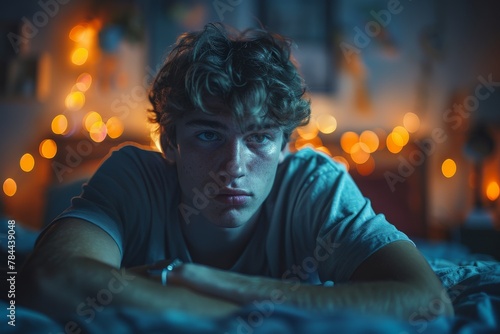 A serene capture of a person deep in sleep, with soothing bokeh lights creating a dream-like atmosphere in the room