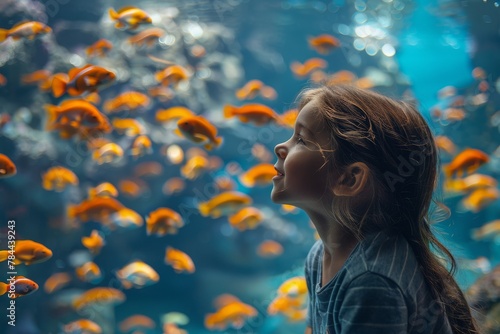 An inquisitive child marveling at the sight of colorful fish swimming in an aquarium, capturing the essence of childhood wonder