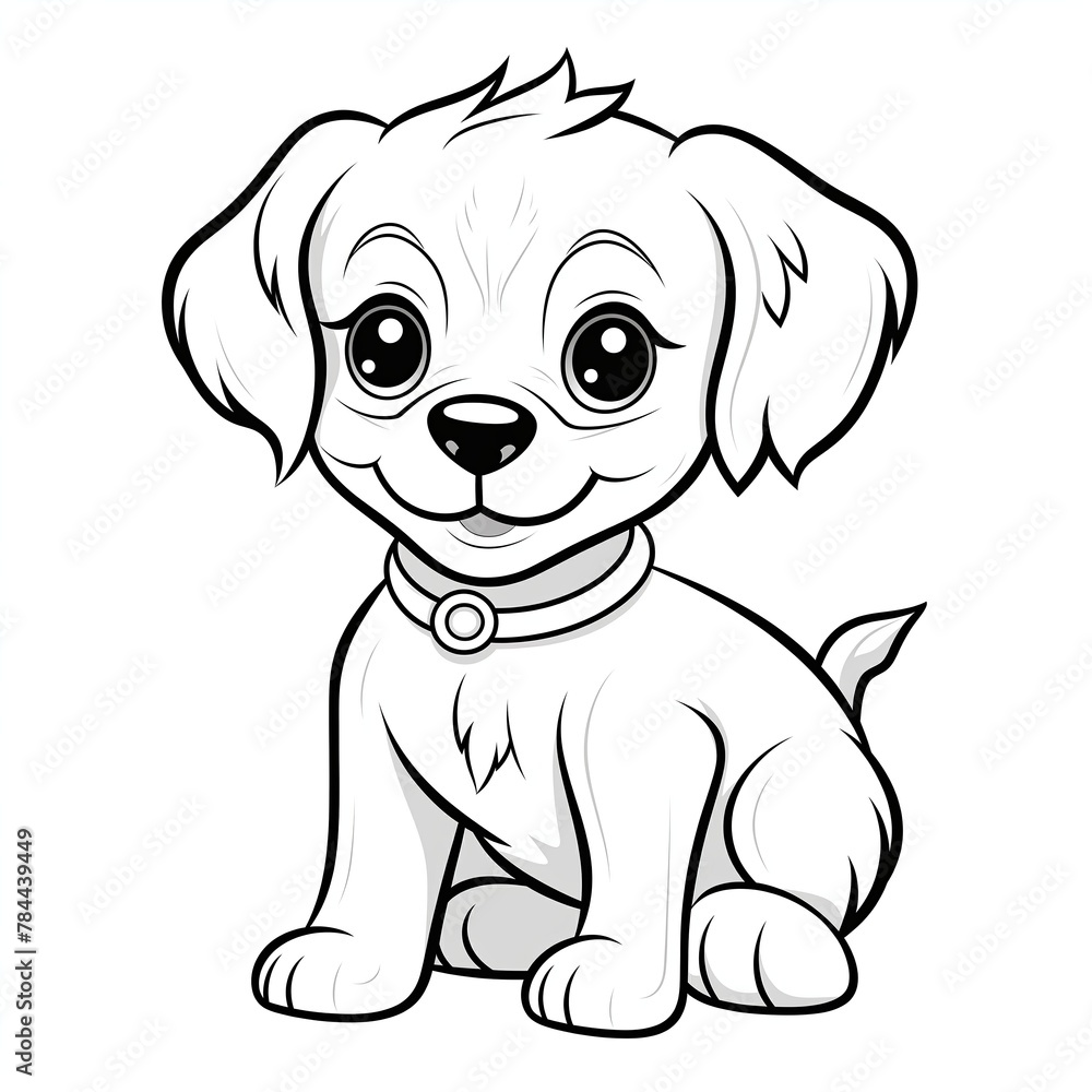 Fototapeta premium Isolated black outline cartoon sitting dog on white background. Curve lines. Page of coloring book.