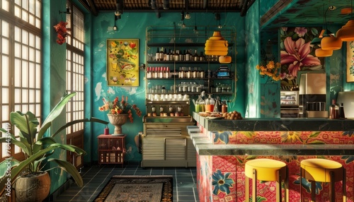 The interior of a cute cafe in different bright colors generated AI © Tatiana