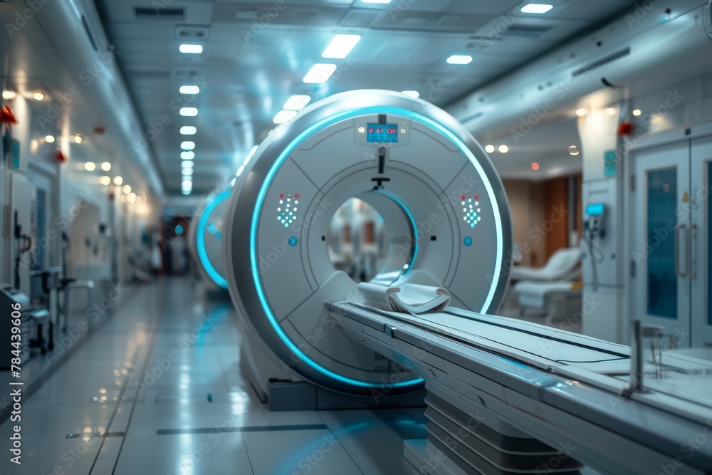 A state-of-the-art CT scanner aglow with blue and red lights stands ready in a sterile hospital environment A state-of-the-art CT scanner aglow with blue and red lights stands ready in a sterile hospital environment