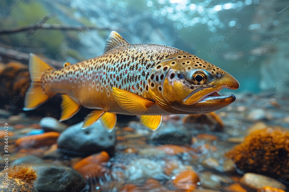 An underwater perspective capturing a single brown trout swimming among river rocks and plants An underwater perspective capturing a single brown trout swimming among river rocks and plants
