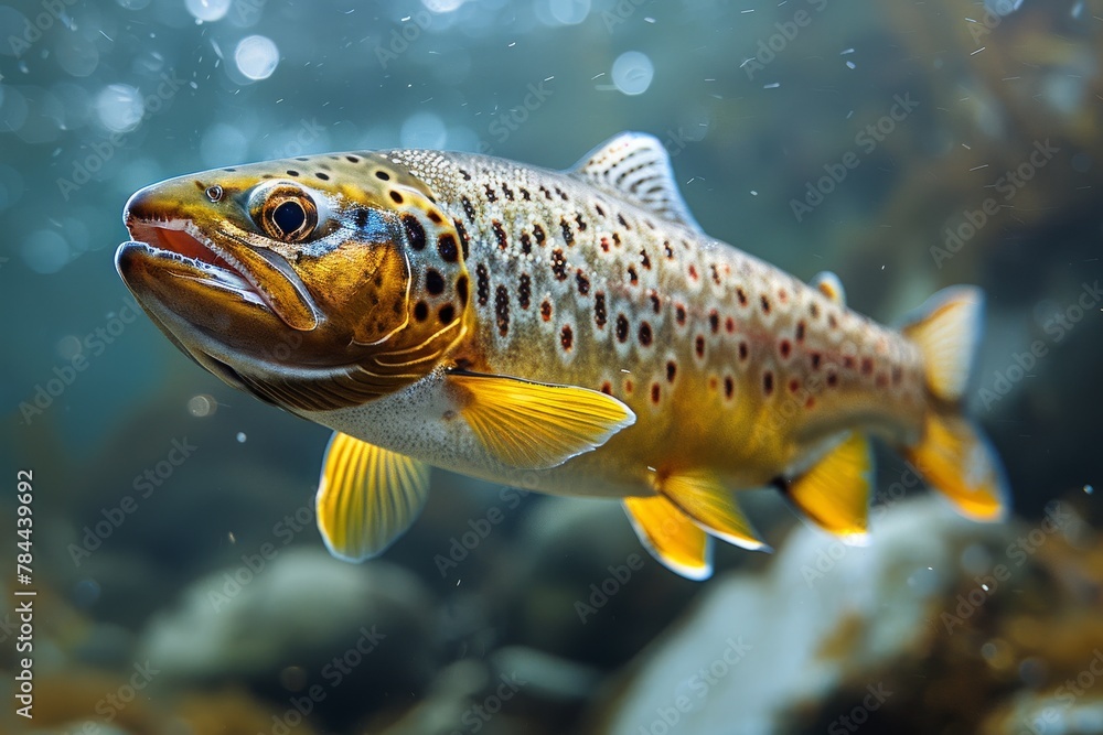 A close-up image emphasizing the texture and pattern on the skin of a trout in a natural underwater setting A close-up image emphasizing the texture and pattern on the skin of a trout in a natural underwater setting