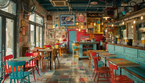 The interior of a cute cafe in different bright colors generated AI photo