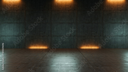 Atmospheric light in the modern futuristic underground showroom with a concrete wall. Empty space garage, light effects, rough concrete tiles.