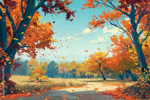 Beautiful autumn landscape. advertising banner. Colorful foliage in the park. Falling leaves. background  generative ai