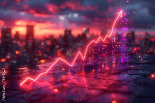 A vibrant digital visualization of stock market growth with a glowing arrow ascending over a fictional cityscape