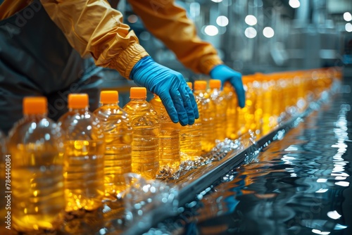 Image of a manufacturing employee quality checking a line of bottled cooking oil in a modern factory setting