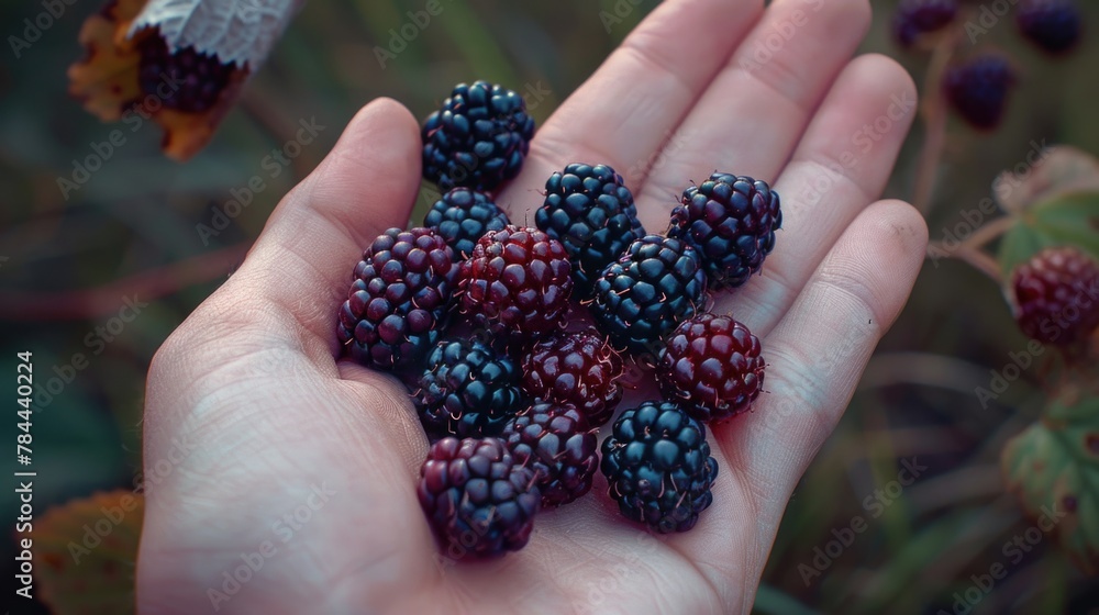A person holding a handful of blackberries. Suitable for food and nutrition concepts A person holding a handful of blackberries. Suitable for food and nutrition concepts