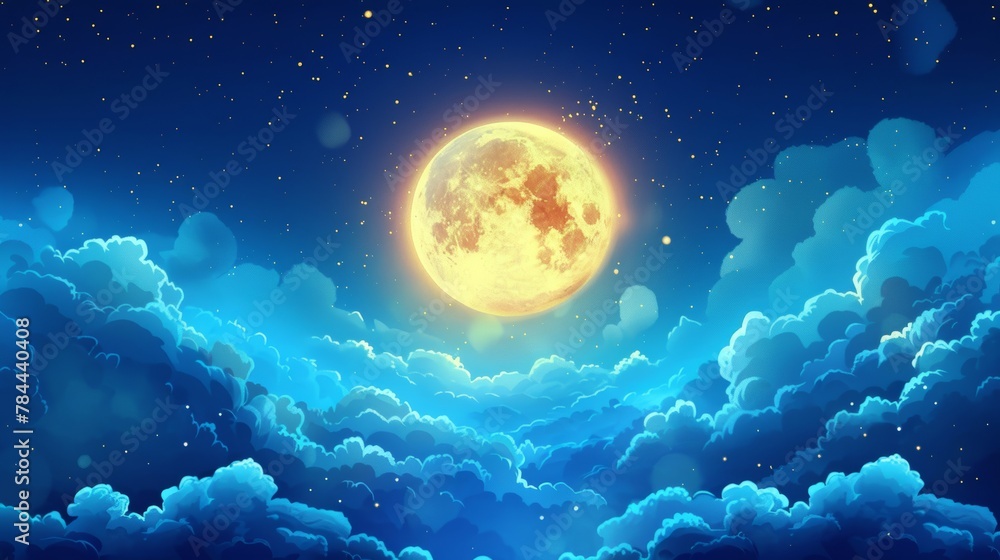 Starry outer space with glowing planet, clouds and full moon in the night sky. Modern illustration of a full moon in the night sky with a crescent and stars.