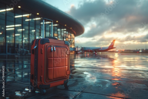 A stylish travel suitcase standing at a glistening wet airport tarmac with an airplane in the backdrop