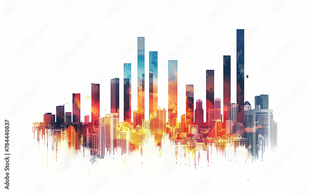 Bar Graph Merging with Urban City Skyline Silhouette, White Background - business analysis, city growth, market analysis, investment opportunities.