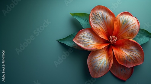 A 3D sticker of a vibrant tropical flower, affixed to a solid green background, bringing a touch of nature and beauty photo