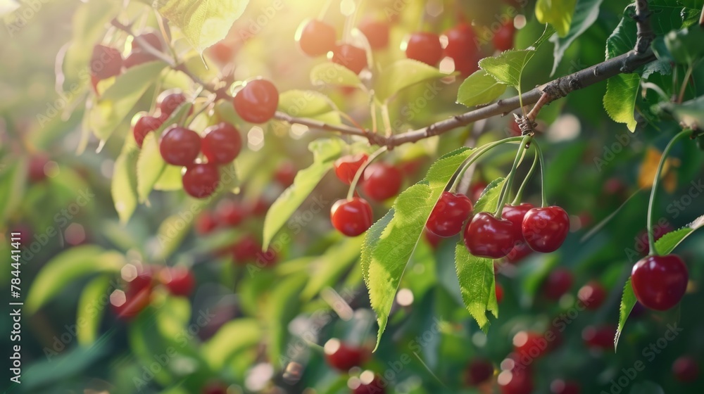 Fresh cherries hanging from a tree, perfect for summer fruit concept Fresh cherries hanging from a tree, perfect for summer fruit concept