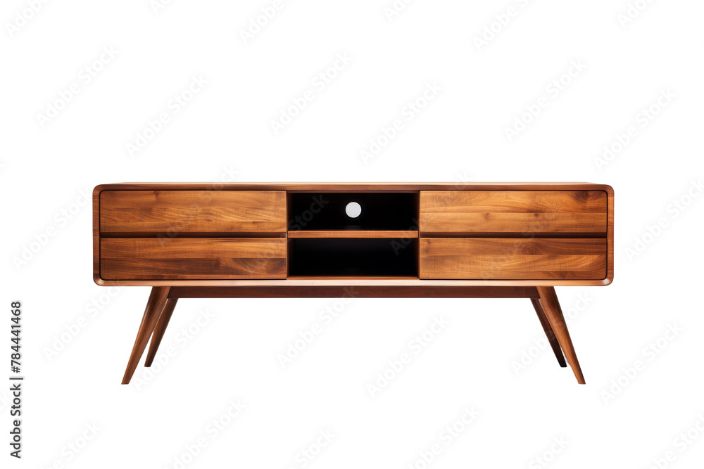 Midnight Elegance: Wooden TV Stand With Sleek Black Drawer. On White or PNG Transparent Background.